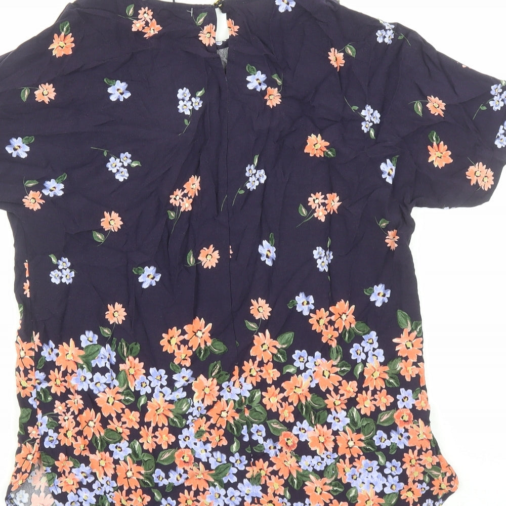 M&Co Womens Blue Floral Viscose Basic Blouse Size 8 Round Neck