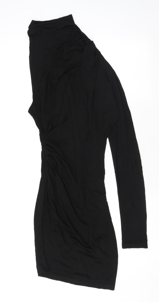 Zara Womens Black Viscose Bodycon Size L Mock Neck Snap - One shoulder