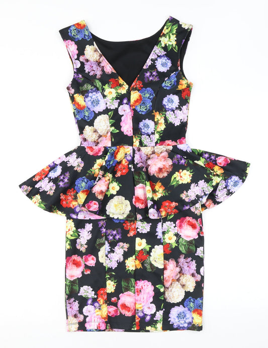 Topshop Womens Black Floral Polyester Bodycon Size 8 Round Neck Zip - Peplum