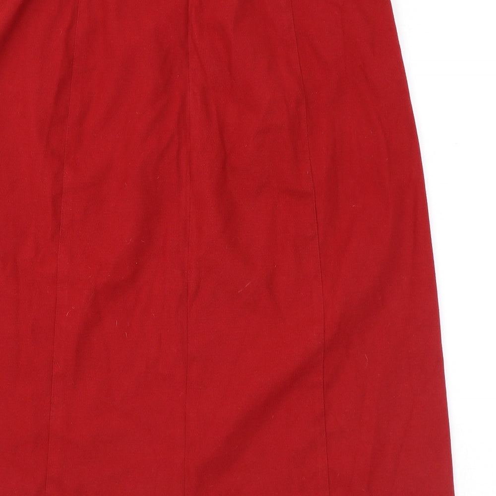 Brand and care label for AMARANTO women’s red polyester a-line skirt, size UK 14, zip - pockets