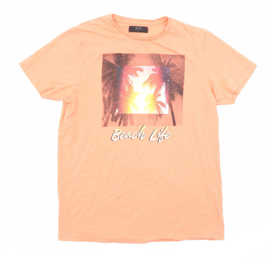 Additional front view of ACW85 men’s orange cotton t-shirt, size M, round neck - beach life, palm trees
