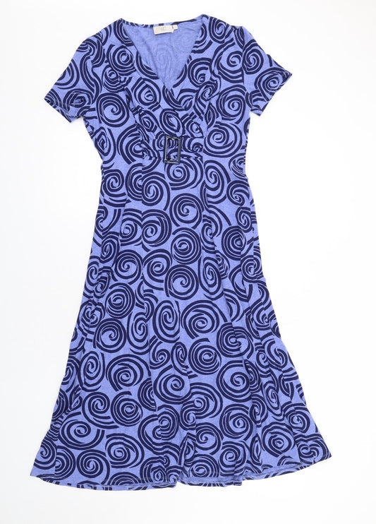Country Casuals Womens Blue Geometric Viscose Fit & Flare Size S V-Neck Pullover