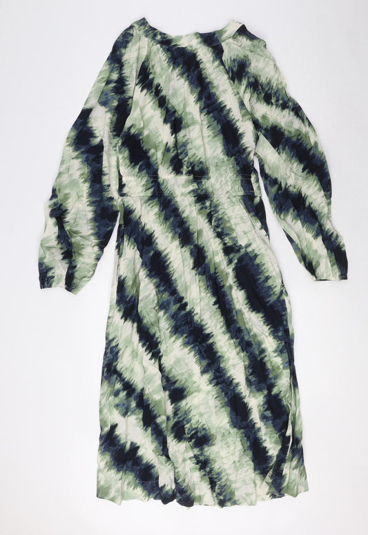 Marks and Spencer Womens Green Geometric Viscose A-Line Size 8 Round Neck Button - Elasticated waist and cuffs