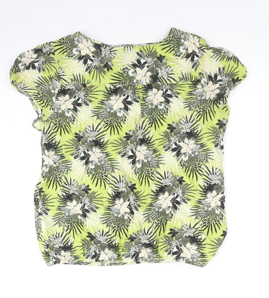 Maine Womens Green Floral Cotton Basic T-Shirt Size 10 V-Neck