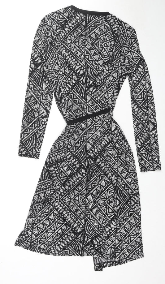 Marks and Spencer Womens Black Geometric Polyester Wrap Dress Size 10 V-Neck Pullover