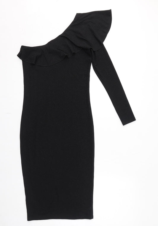 NEXT Womens Black Nylon Pencil Dress Size 8 One Shoulder Pullover - Sparkle