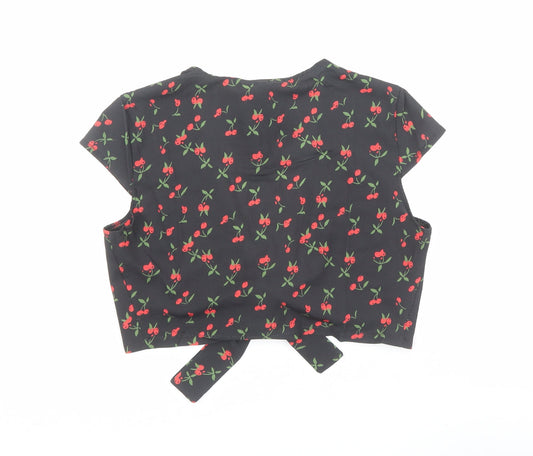 Zaful Womens Black Geometric Polyester Basic Blouse Size 8 V-Neck - Cherry Print