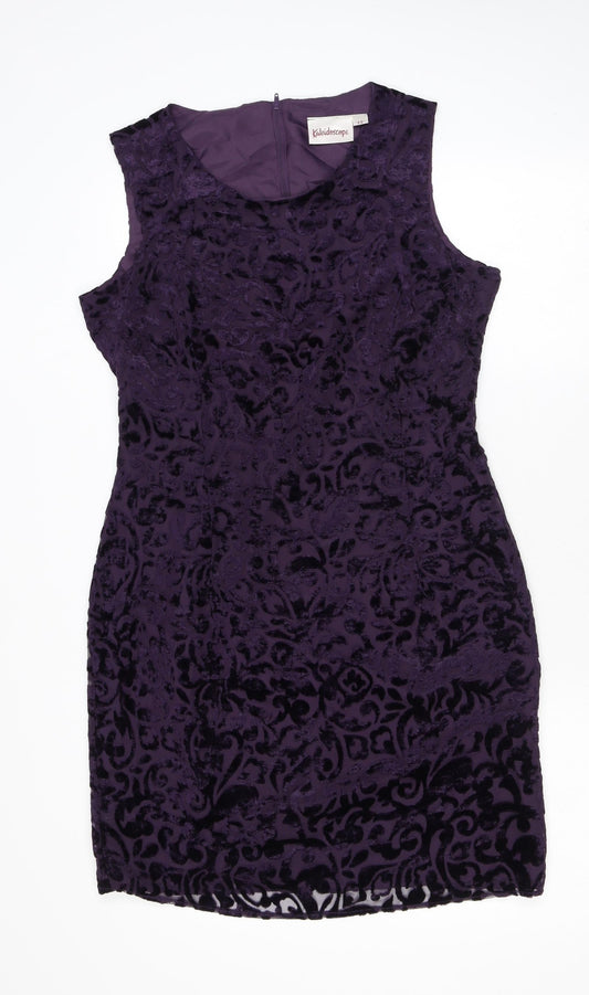 Additional front view of Kaleidoscope women’s purple paisley viscose pencil dress, size UK 12, scoop neck zip