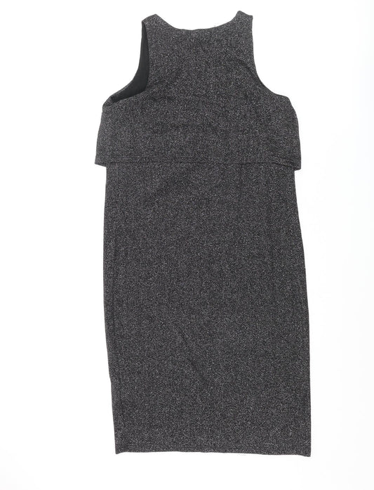 Topshop Womens Silver Viscose Tank Dress Size 8 Round Neck Pullover - Layered Glitter