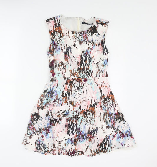 Additional front view of French Connection women’s multicoloured geometric viscose skater dress, size UK 8, roll neck zip