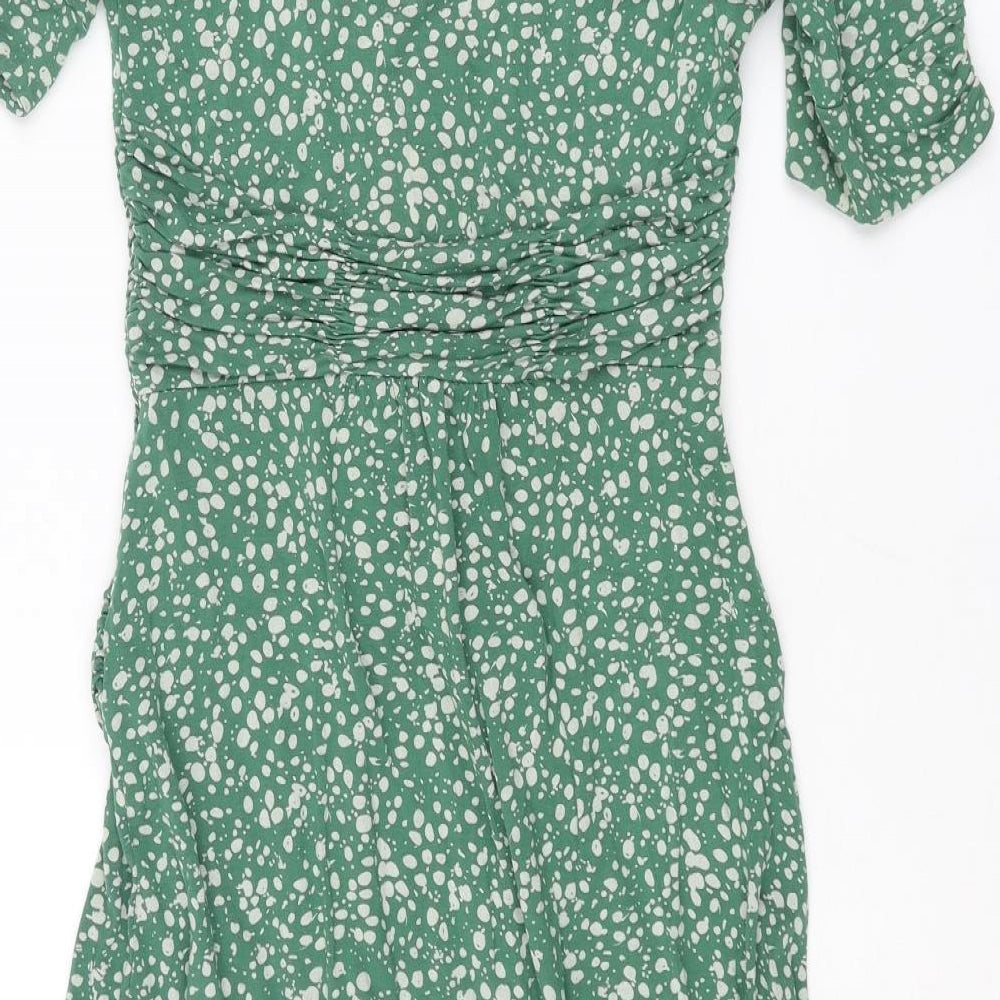 Great Plains London Womens Green Polka Dot Viscose Shift Size XS V-Neck Pullover - Rouched