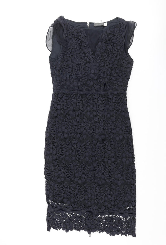 Mint Velvet Womens Blue Floral Polyester Pencil Dress Size 8 Round Neck Zip - Lace