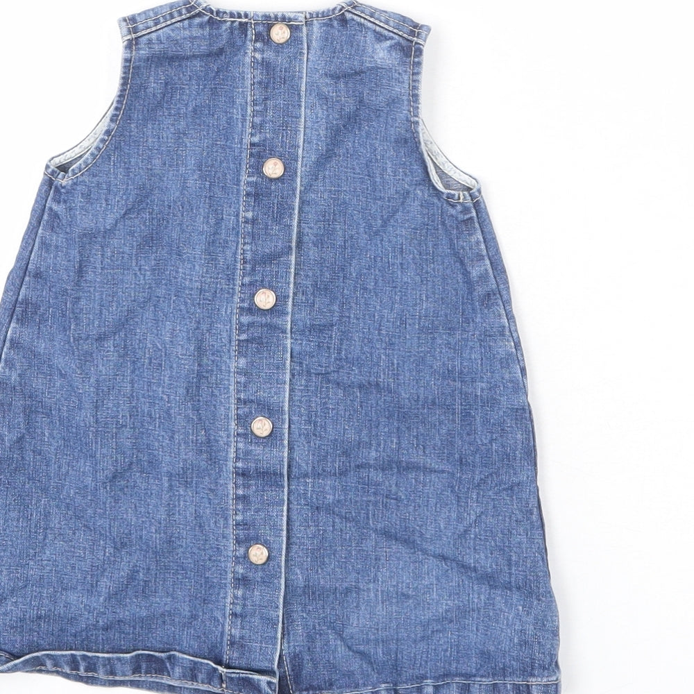 Petit Bateau Girls Blue 100% Cotton Pinafore/Dungaree Dress Size 6-9 Months Round Neck Snap - Floral Buttons, 6 Months