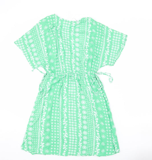 Marks and Spencer Womens Green Geometric Viscose A-Line Size 8 V-Neck Pullover - Tie Detail