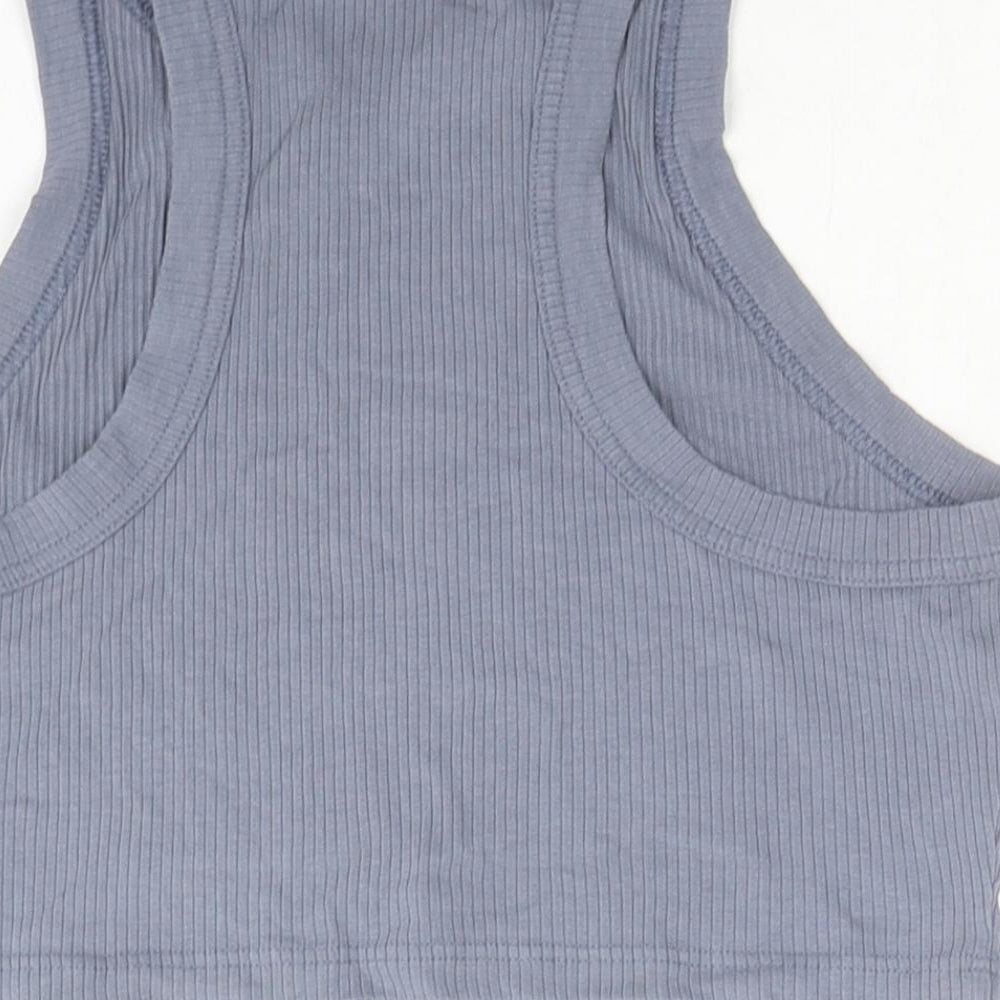 Brand and care label for NWIT women’s blue cotton cropped tank, size M, round neck
