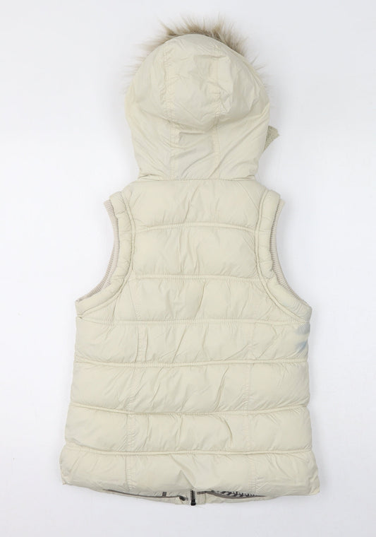 New Look Womens Beige Gilet Jacket Size 10 Zip - Faux Fur Hood, Puffer Jacket
