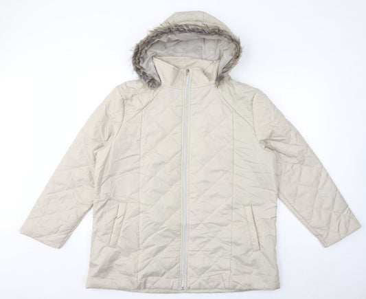 Additional front view of Anne De Lancay women’s ivory quilted coat, size L, zip - faux fur hood