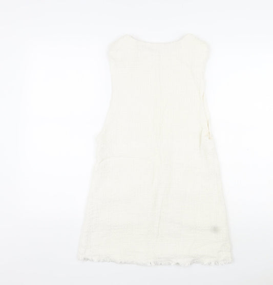 Zara Womens Ivory Cotton A-Line Size XS Square Neck Buckle - Distressed Look on Hem and Buckle