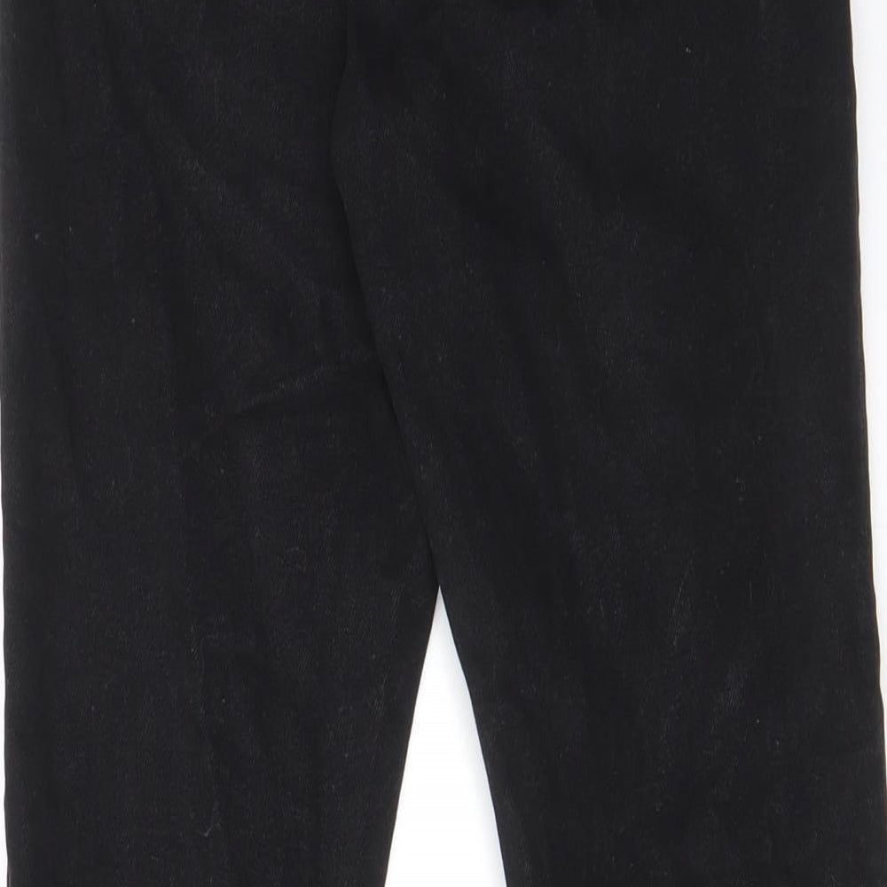 Brand and care label for Denim & Co. women’s black cotton skinny jeans, belt loops, ripped knee