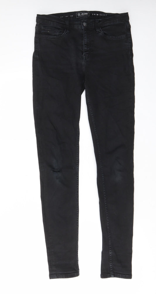 Additional front view of FC Jeans women’s black cotton skinny jeans, size UK 10 regular zip - pockets, belt loops