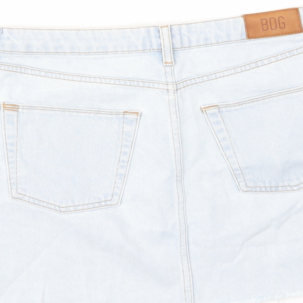Brand and care label for BDG women’s blue cotton a-line skirt, size M, zip - pockets, belt loops