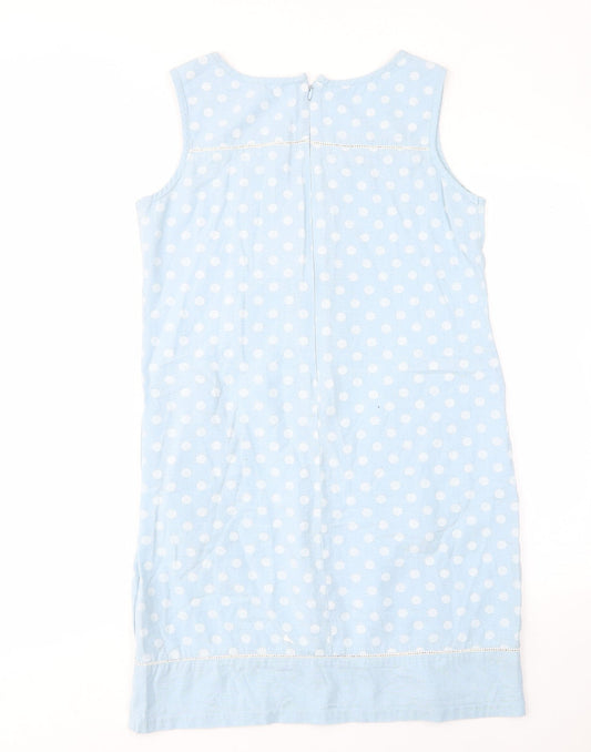 Alice Collins Womens Blue Polka Dot Linen Sheath Size 10 Scoop Neck Zip - Embroided, Pockets