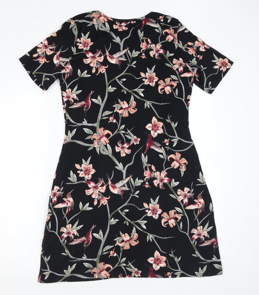 Mela London Womens Black Floral Polyester A-Line Size 12 Scoop Neck Pullover - Pockets