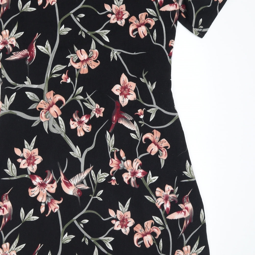 Mela London Womens Black Floral Polyester A-Line Size 12 Scoop Neck Pullover - Pockets