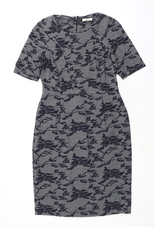 Additional front view of Kaliko women’s blue geometric polyester pencil dress, size UK 10, round neck zip - pockets