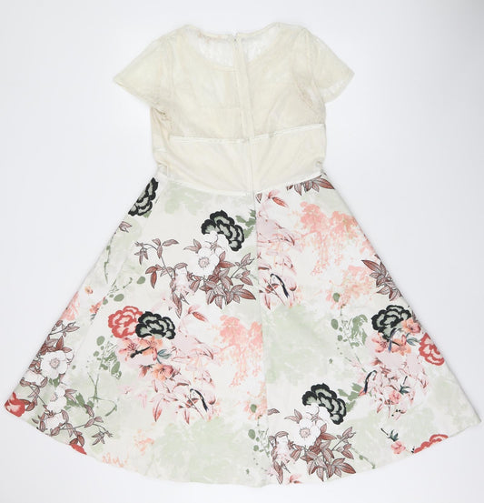 NEXT Womens White Floral Polyester A-Line Size 12 Round Neck Zip