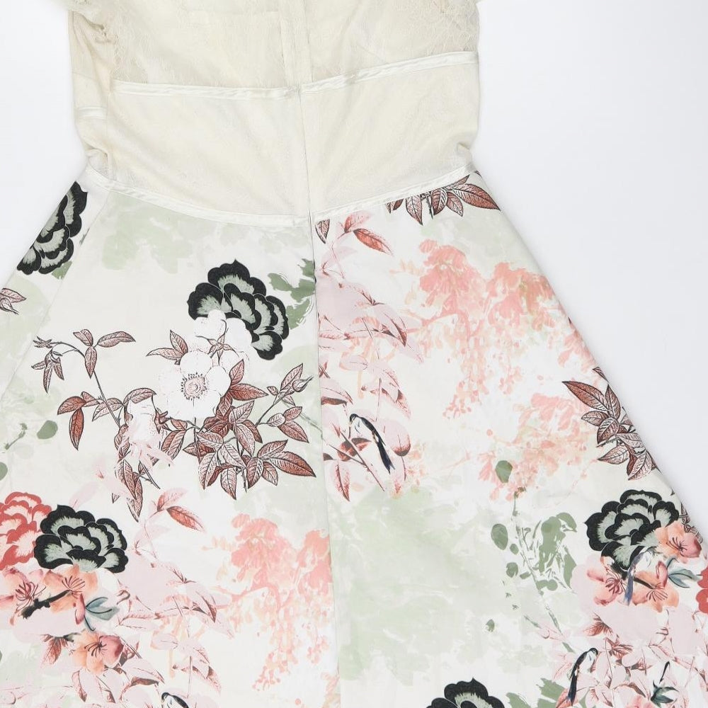 NEXT Womens White Floral Polyester A-Line Size 12 Round Neck Zip