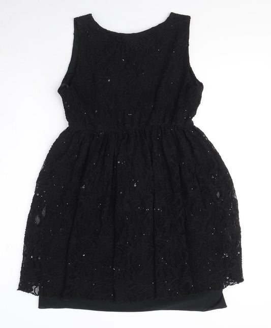 Dorothy Perkins Womens Black Nylon A-Line Size 14 Round Neck Pullover - Elasticated Waist Sequin Detail