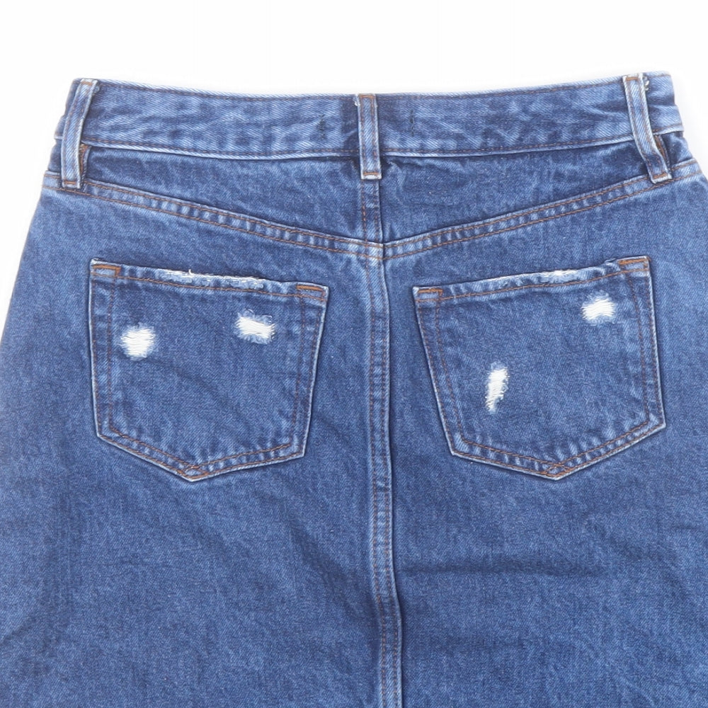 F&F Womens Blue Cotton A-Line Skirt Size 6 Button