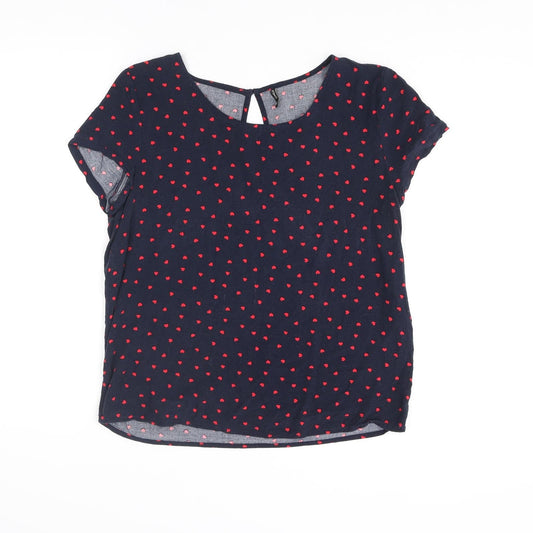 Additional front view of Only women’s blue geometric viscose basic blouse, size UK 8, round neck - heart print
