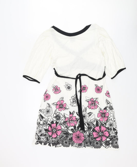 Bay Womens White Viscose A-Line Size 12 V-Neck Pullover - Floral Belted