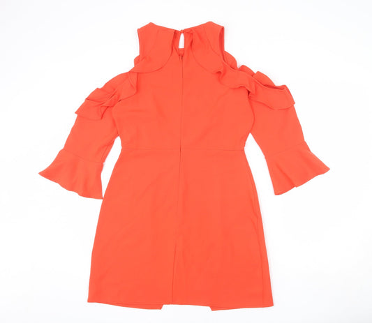 Boohoo Womens Orange Polyester A-Line Size 12 Round Neck Zip - Layered Ruffle Effect
