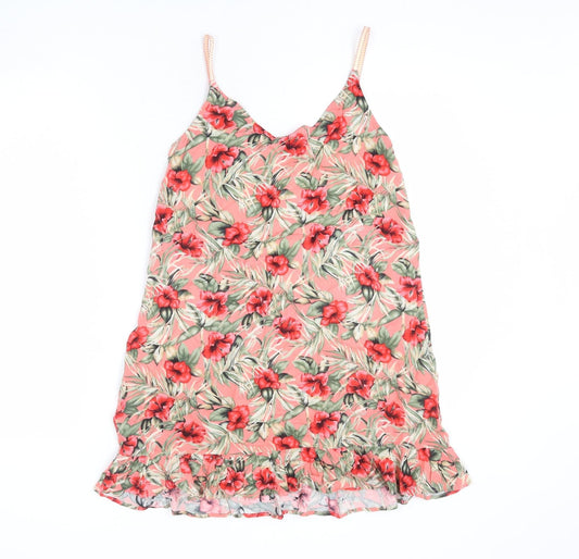 Oasis Womens Multicoloured Floral Viscose A-Line Size XS V-Neck Pullover - Hibiscus, Leaves, Flare Hem