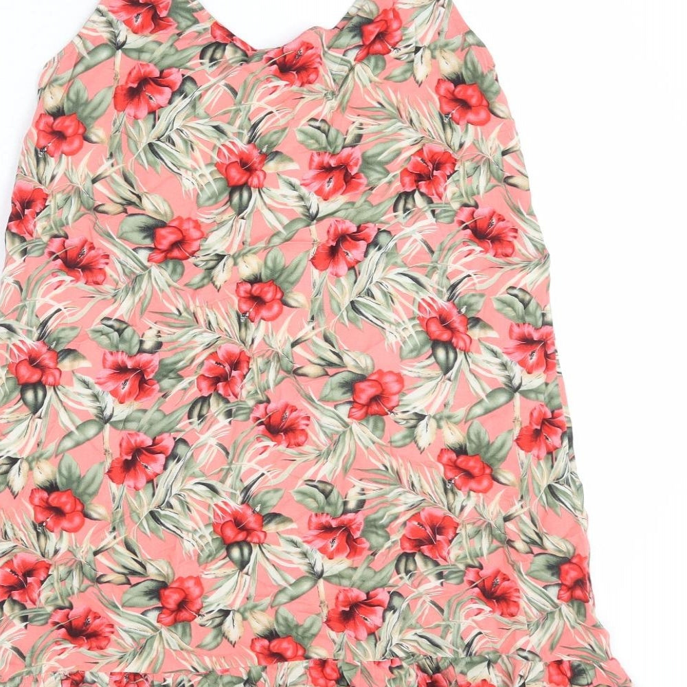 Oasis Womens Multicoloured Floral Viscose A-Line Size XS V-Neck Pullover - Hibiscus, Leaves, Flare Hem