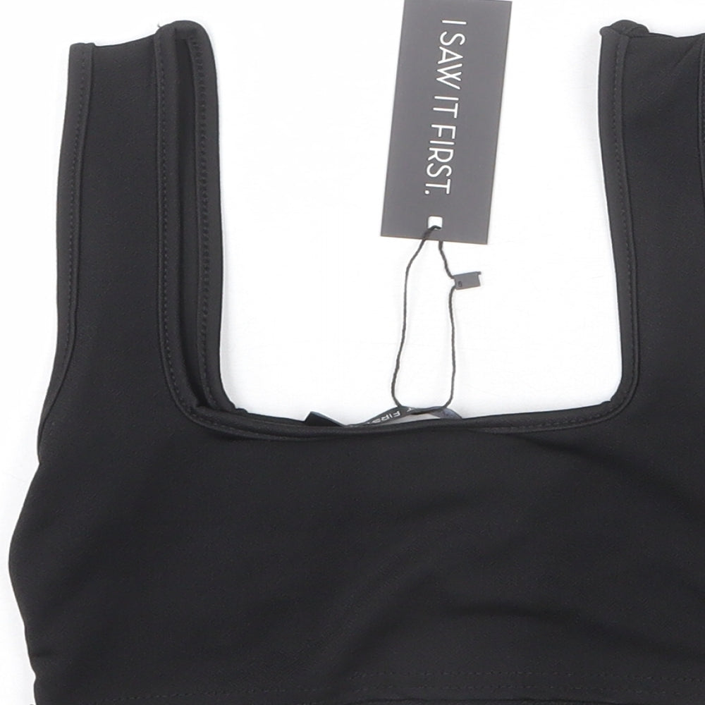 Brand and care label for I SAW IT FIRST women’s black polyester cropped tank, size UK 6, square neck - button detail