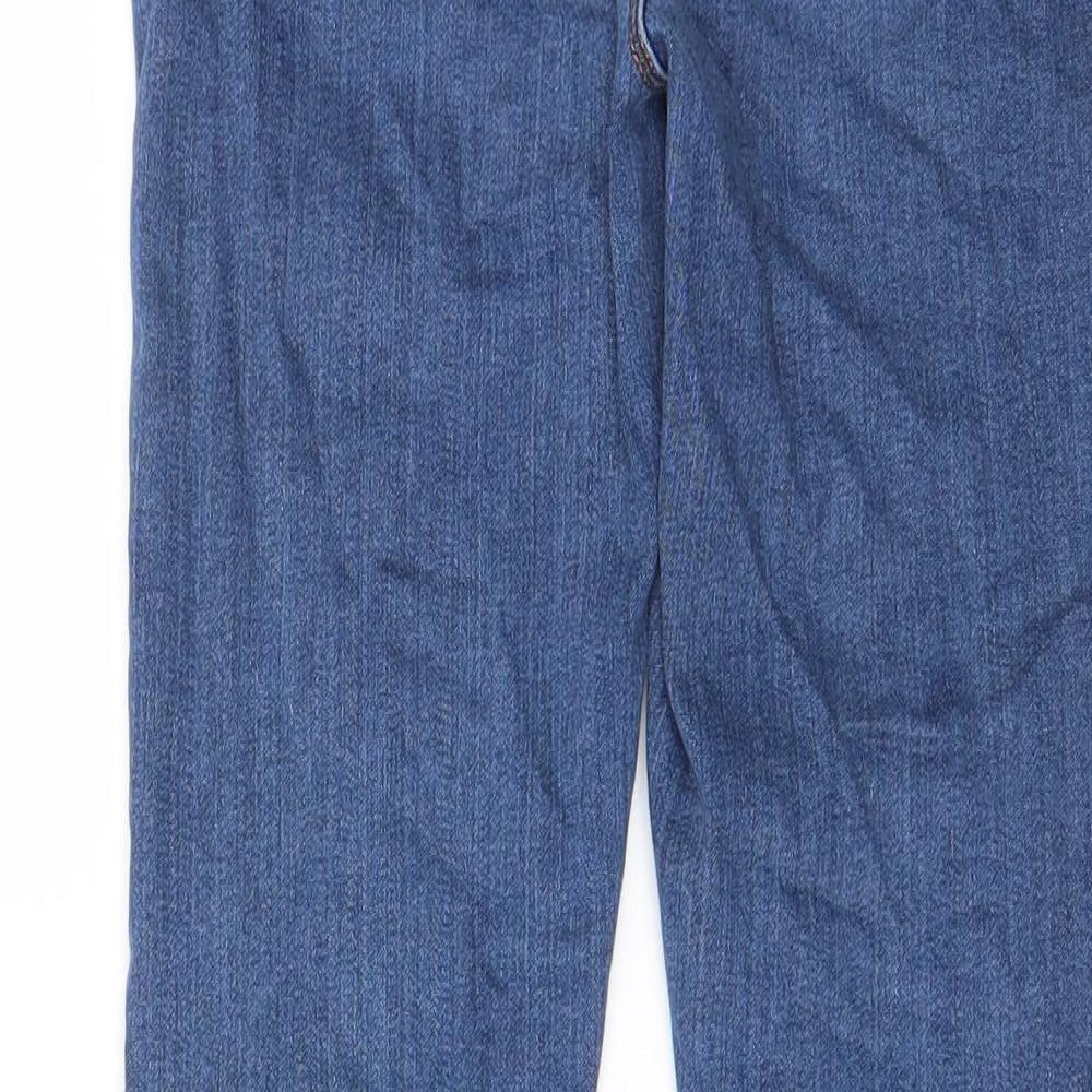 Brand and care label for ASOS women’s blue cotton skinny jeans, size UK 25, in, 30-inch leg regular zip - pockets, belt loops