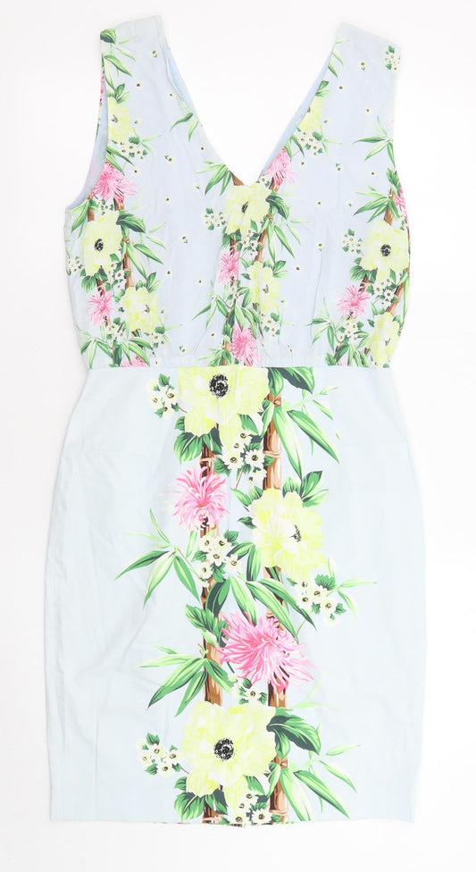 Additional front view of French Connection women’s blue floral viscose mini, size UK 12, v-neck zip