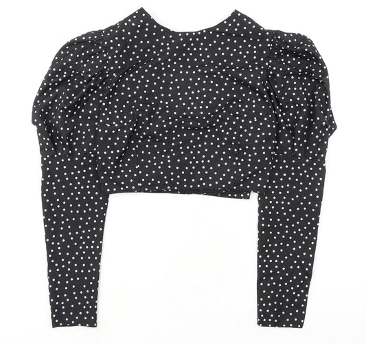 Boohoo Womens Black Polka Dot Polyester Cropped Blouse Size 12 V-Neck - Puff Sleeves