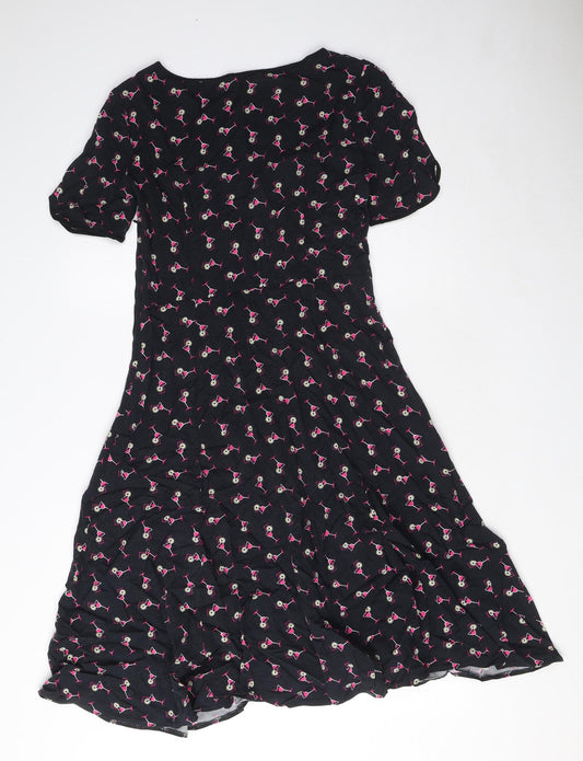 Marks and Spencer Womens Black Geometric Viscose A-Line Size 8 Boat Neck Zip - Cocktail Print