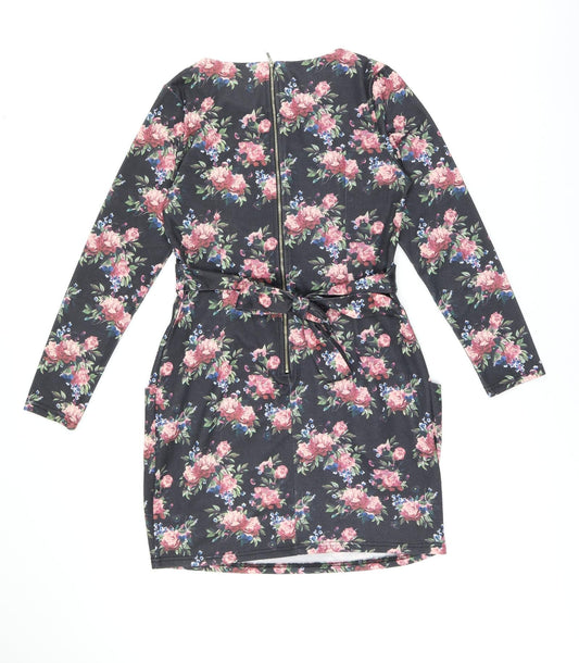 Blue Vanilla Womens Black Floral Polyester Bodycon Size 12 Boat Neck Zip