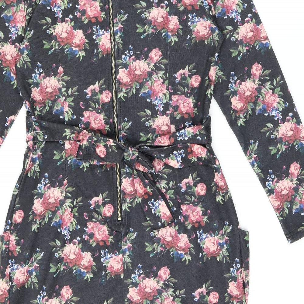 Blue Vanilla Womens Black Floral Polyester Bodycon Size 12 Boat Neck Zip