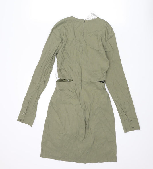 Zara Womens Green Linen Bodycon Size S V-Neck Zip - Cut Out Rouched