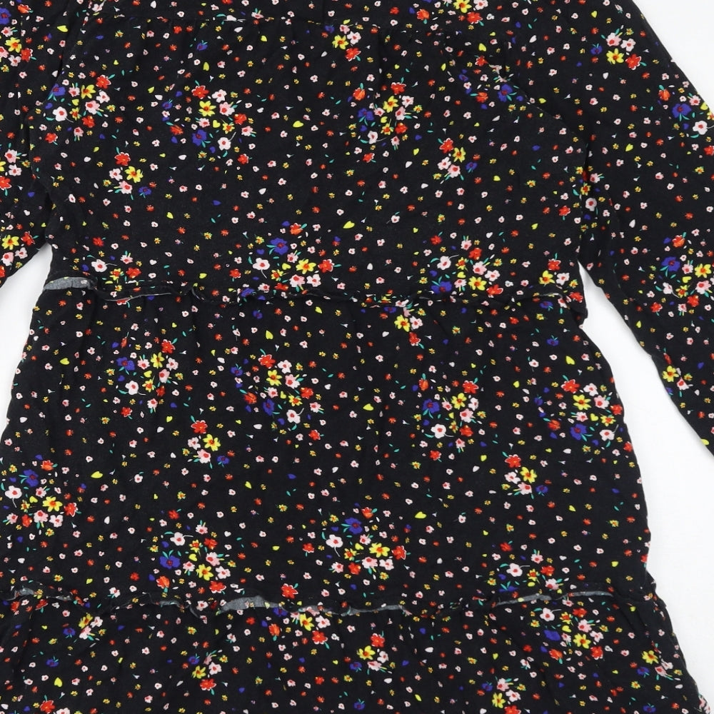 Marks and Spencer Womens Black Floral Viscose Mini Size 10 Round Neck Button - Tiered Smock