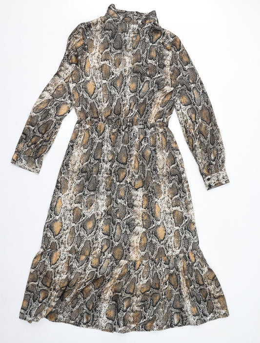Zara Womens Brown Animal Print Polyester Maxi Size S Mock Neck Button - Snake Print