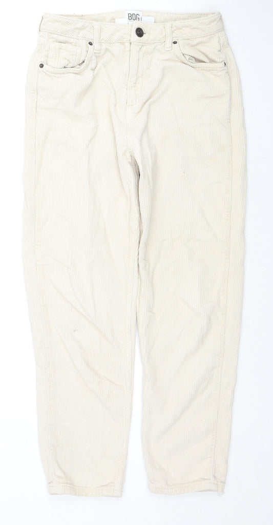 Additional front view of BDG women’s beige cotton trousers, size UK 27, in, 30-inch leg regular zip