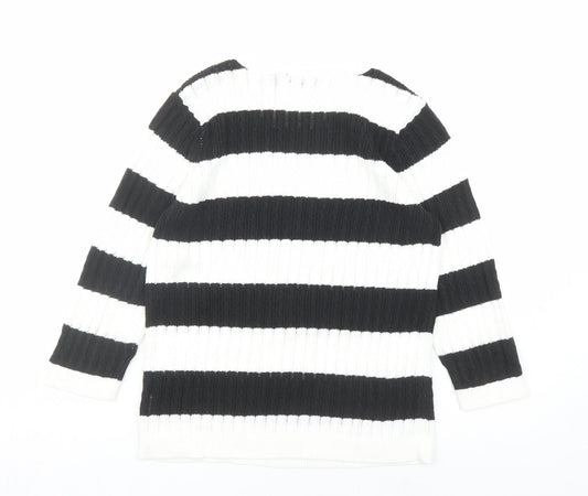 Jeanne Pierre Womens White Round Neck Striped Cotton Pullover Jumper Size M